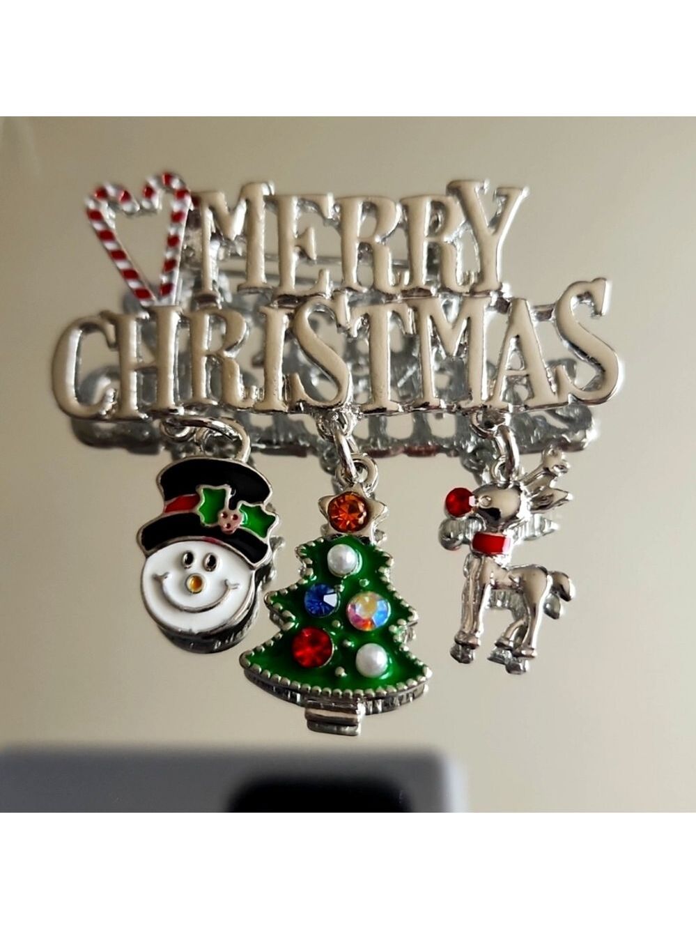 RED Green Silver Enamel and Rhinestone Christmas  Brooch